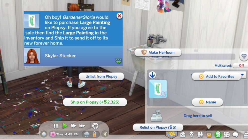 A screenshot from the sims 4 showing the option to list on plopsy