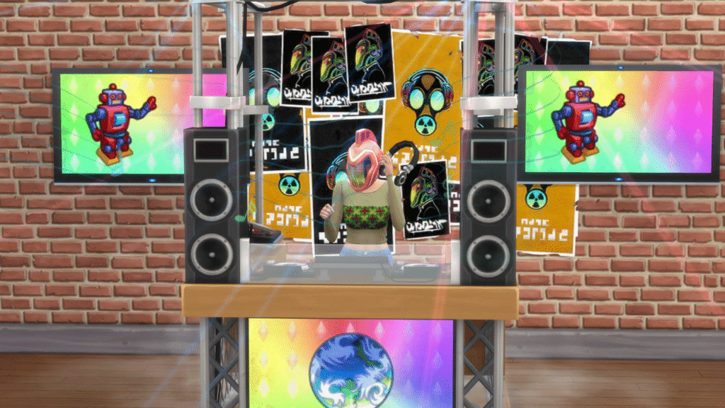 A sim DJing at a DJ booth with the telesplosion upgrade on the DJ booth 