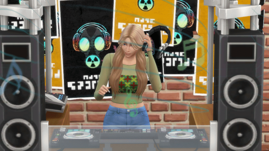 A screenshot from The Sims 4 of a sim using a DJ Booth 