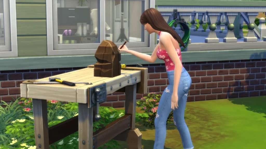 A sim in jeans and a tank top doing woodworking outdoors.