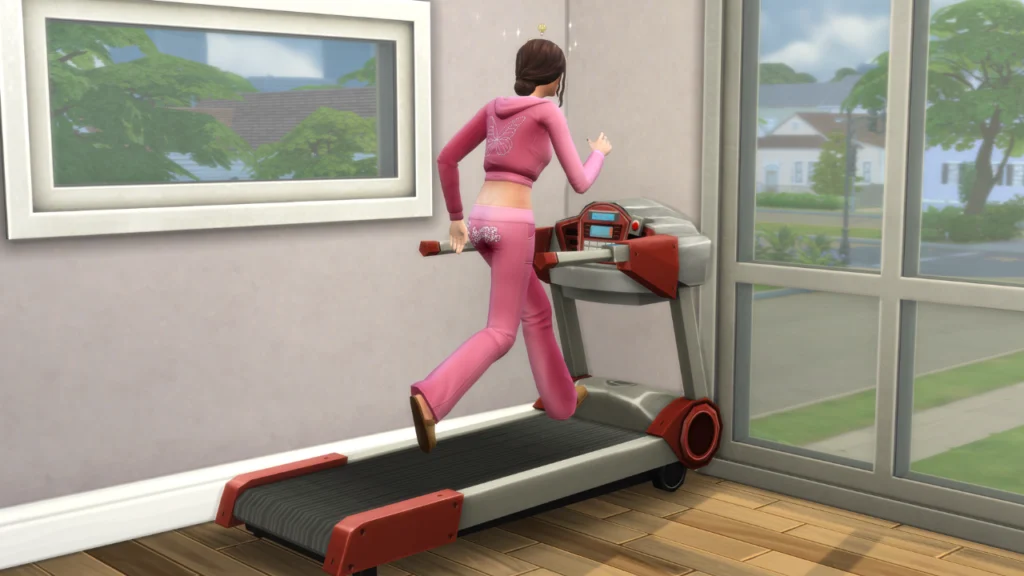 A screenshot from The Sims 4 showing a sim in a pink sweatsuit running on a treadmill