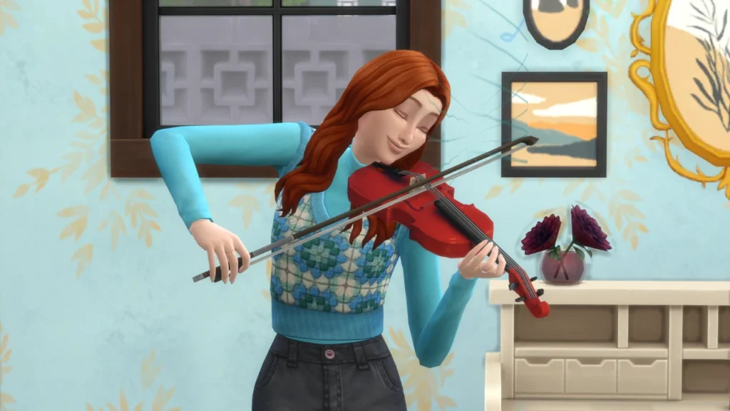 A screenshot from The Sims 4 of a sim wearing a crochet vest while playing violin