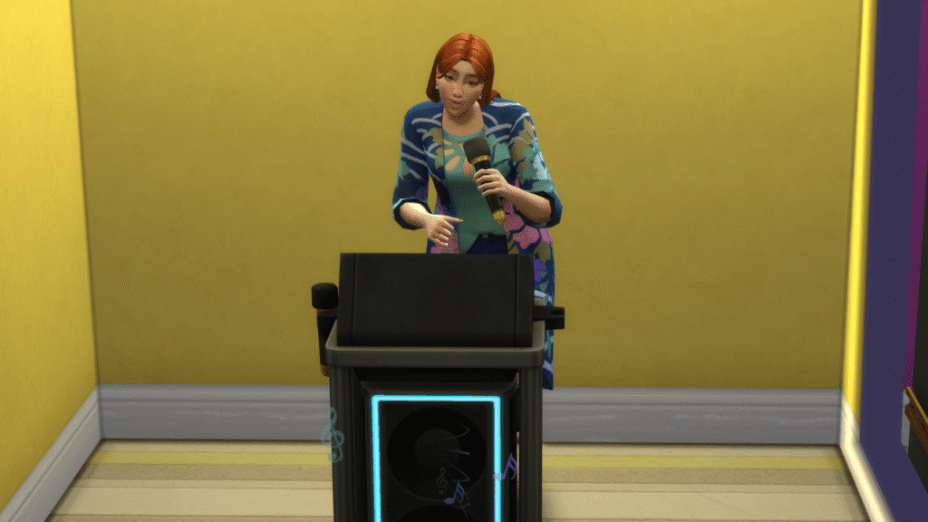 A screenshot from The Sims 4 of a sim singing at a karaoke machine 