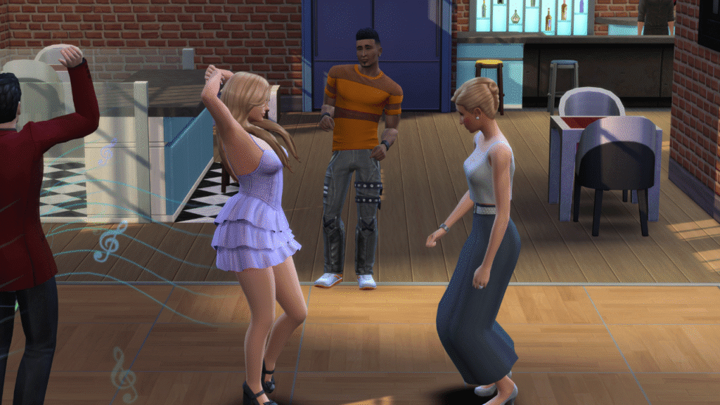 A screenshot from The Sims 4. This image has two sims who are engaged in a dance battle on a dance floor with music playing.
