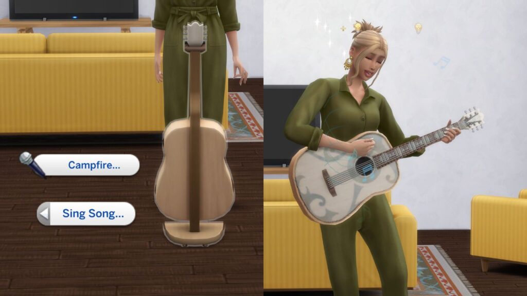 A set of two screenshots from The Sims 4. The first is a guitar with the sing song options open and the second is a sim singing and playing guitar.