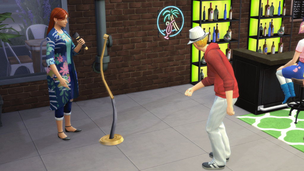 A screenshot from The Sims 4 where a sim is singing at a microphone and another sim is giving them a tip 