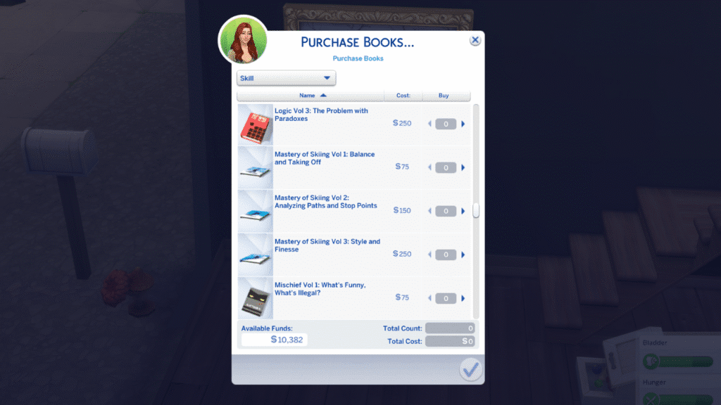 A screenshot from the sims 4 of the collection of skiing skill books a sim can read 