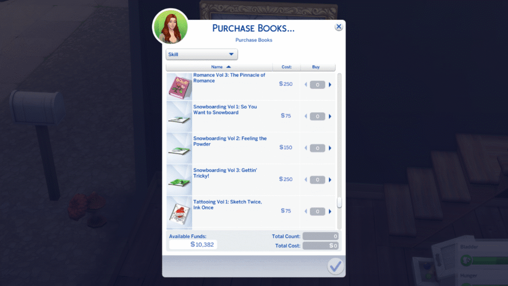 A screenshot showing the snowboarding skill books a sim can read