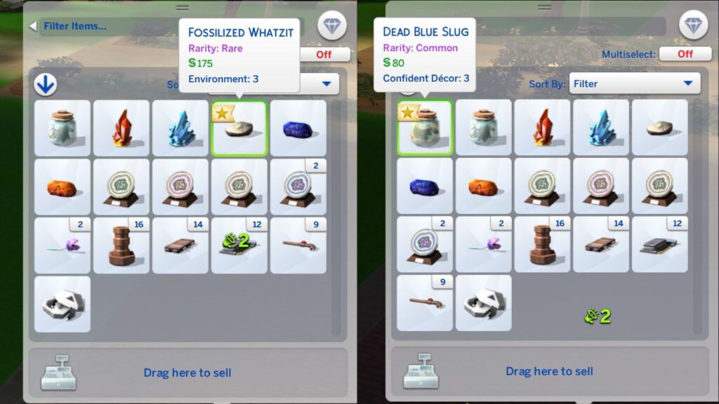 A screenshot from the sims 4 showing a Fossilized Whatzit and a Dead Blue Slug