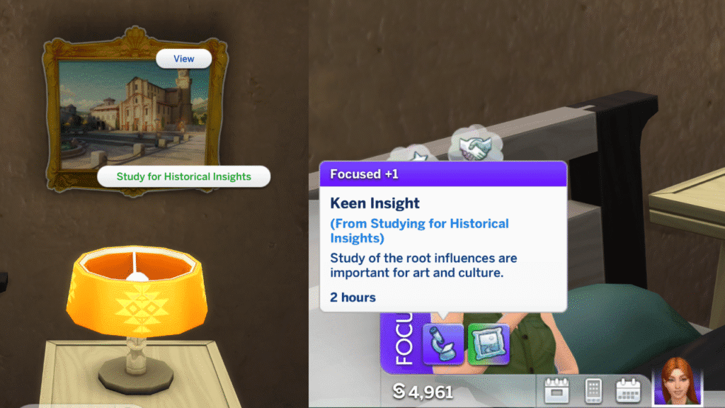 A screenshot from The Sims 4 showing the option to study for historical highlights and the moodlet you get after doing so