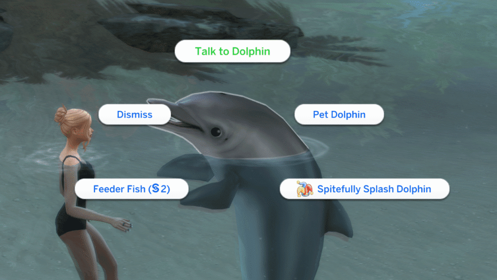 A screenshot from The Sims 4 of a sim talking to a doplhin