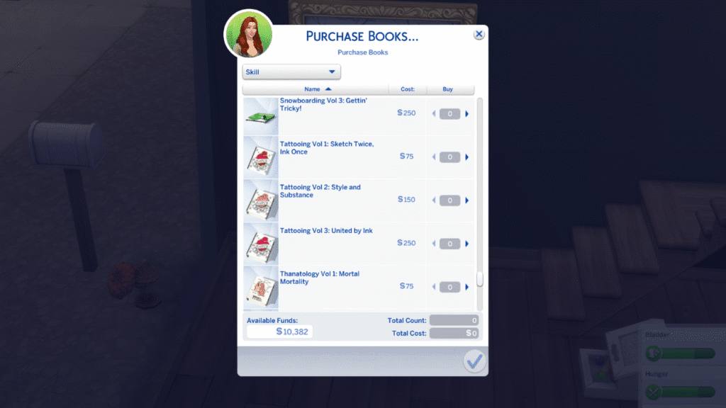 A screenshot from The Sims 4 showing the tattooing skill books a sim can read