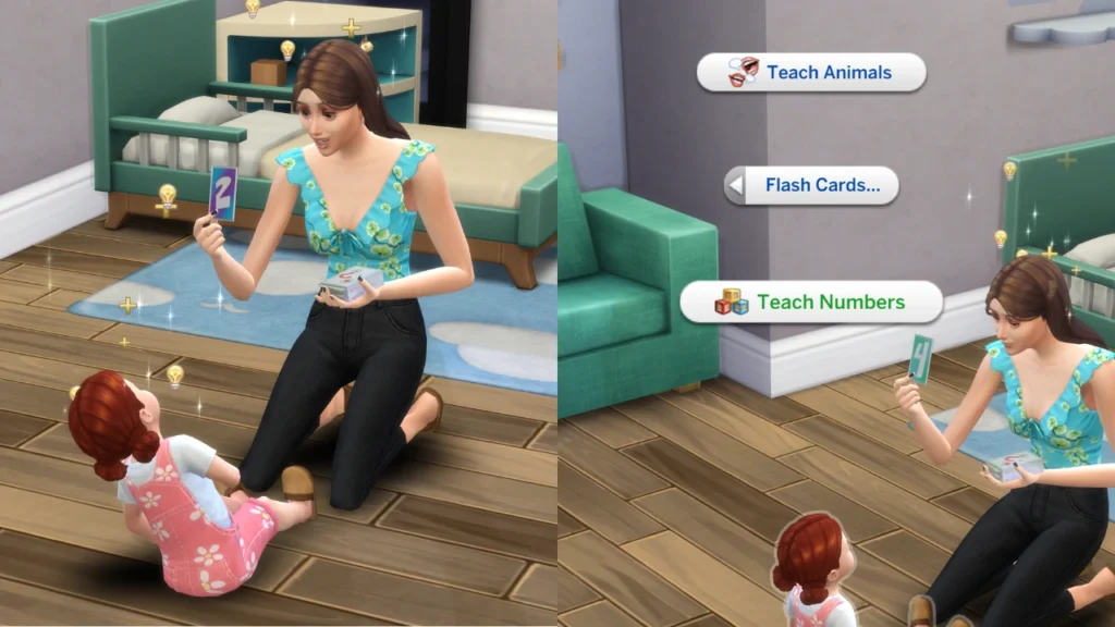 A set of two screenshots from the sims 4 of a mom teaching their toddler numbers with the thinking skill
