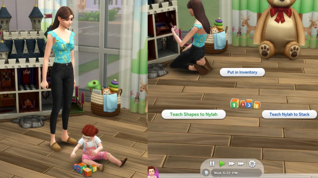 A set of two screenshots from the sims 4 with a teach shapes to nylah option highlighted