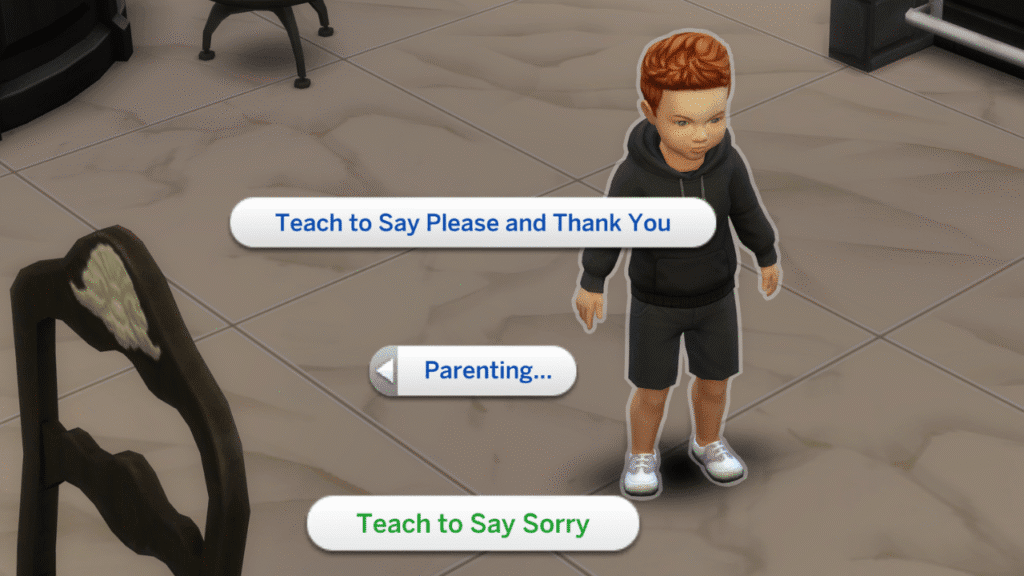 A screenshot from The Sims 4 showing a toddler and the parenting menu options for the toddlers