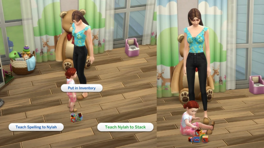 A set of two screenshots with the first having a menu open with teach nylah to stack highlighted and the second being a sim teaching their toddler to stack 