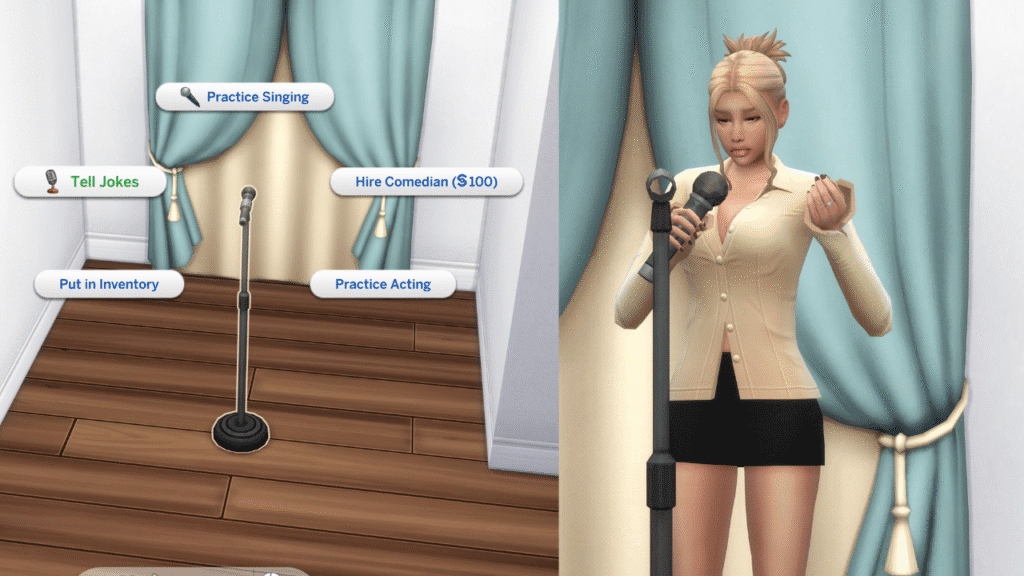 A set of two screenshots from The Sims 4. The first one has a microphone and the option to tell jokes. The second has a sim telling jokes.