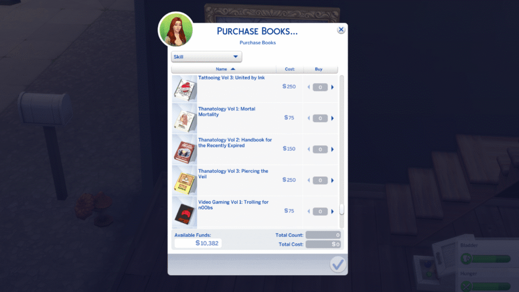 A screenshot from The Sims 4 showing the different thanatology skill books your sims are able to purchase