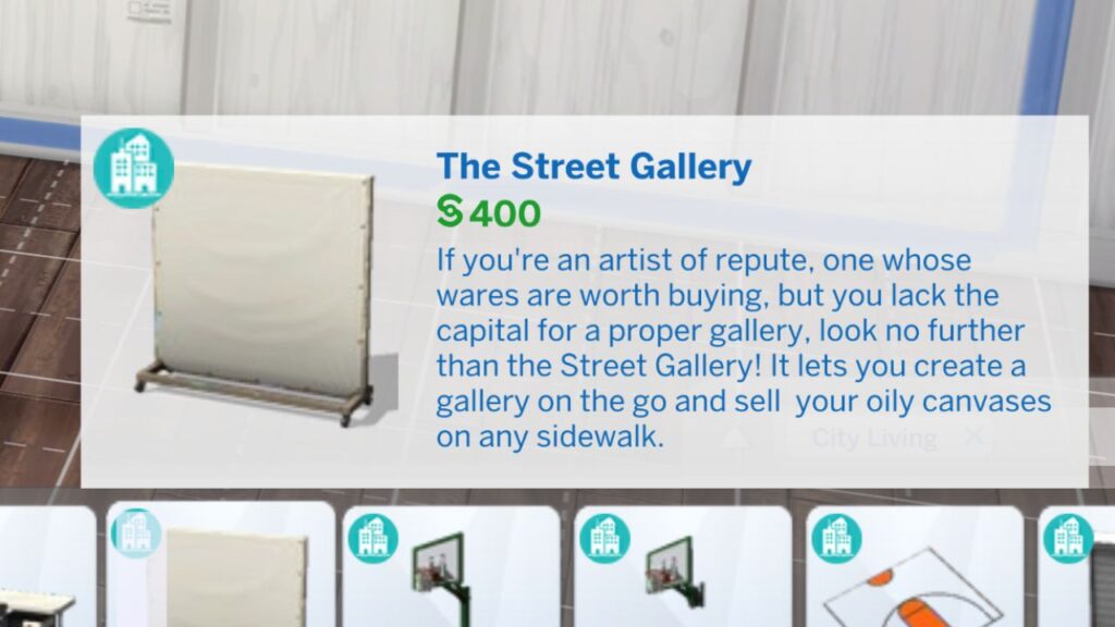 A screenshot from the sims 4 of the listing for the street gallery