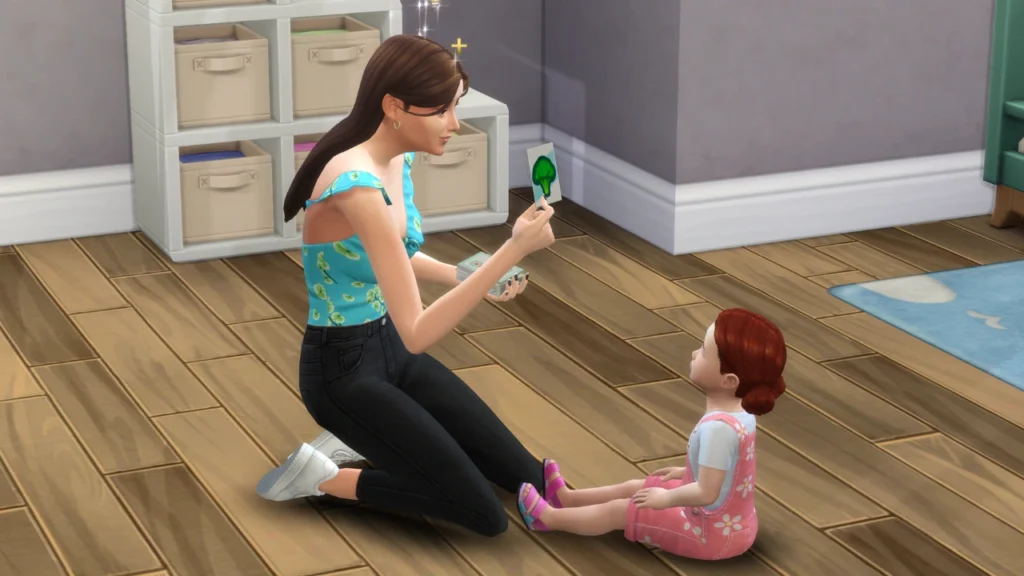 A screenshot from the sims 4 showing a mom teaching her toddler objects with the thinking skill