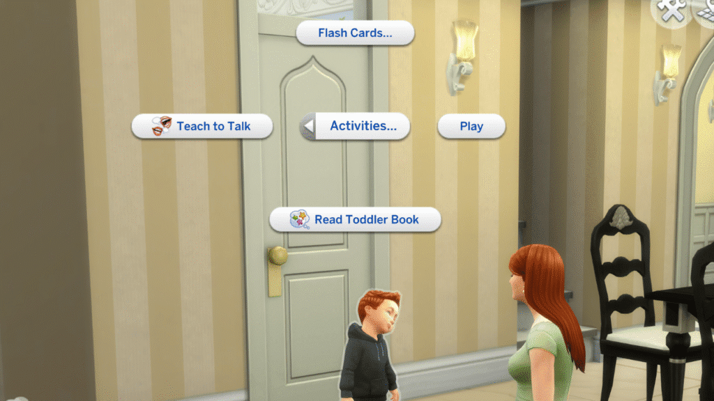 A screenshot from The Sims 4 showing the activities parents can do with toddlers to gain the parenting skill