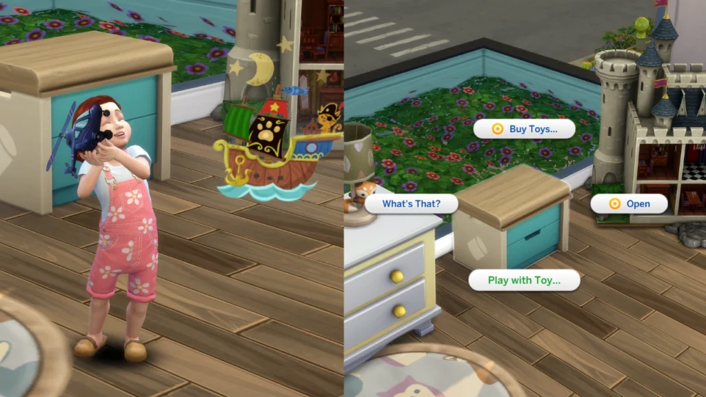 A set of two images, the first is a toddler playing with a helicopter and the second is a menu for a toy box