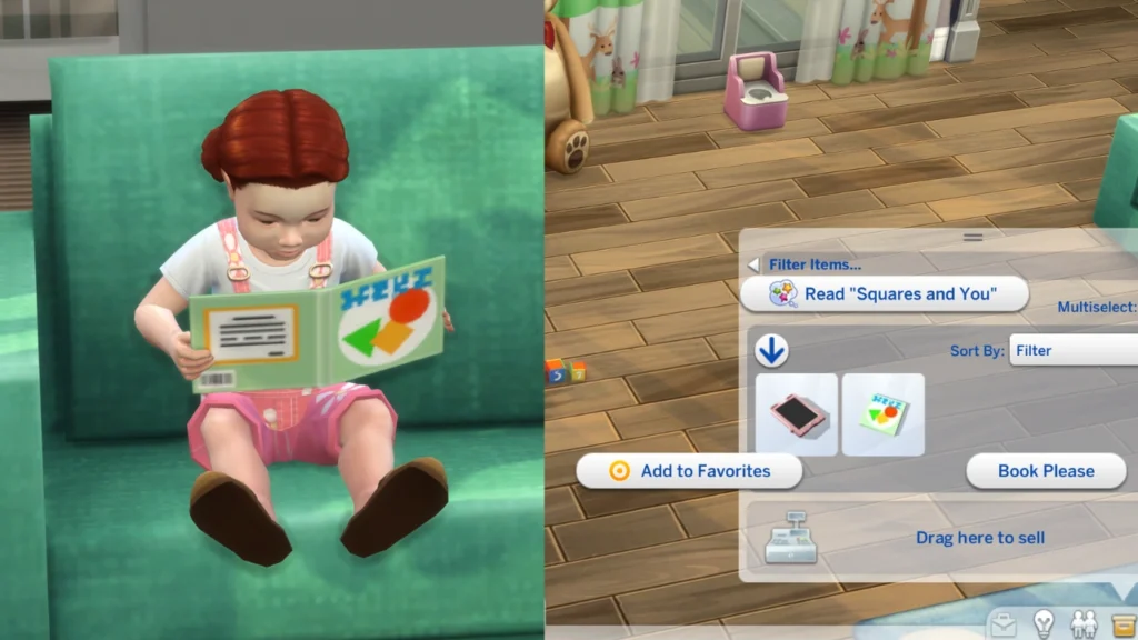 A screenshot from The Sims 4 of a toddler reading a book on a couch and gaining the imagination skill