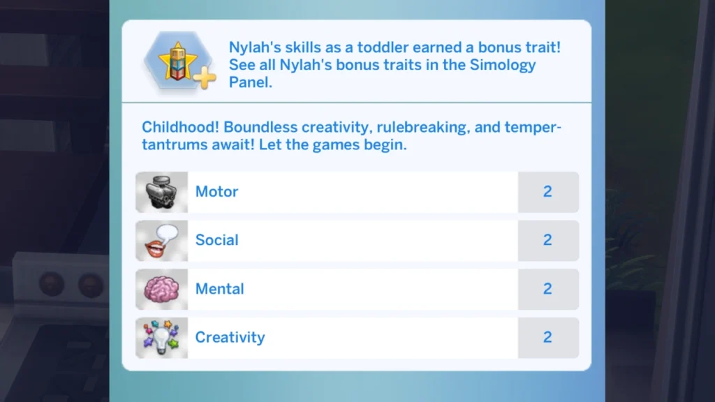 A screenshot showing the age up menu for a toddler to child birthday where a child gets a jump start on skills