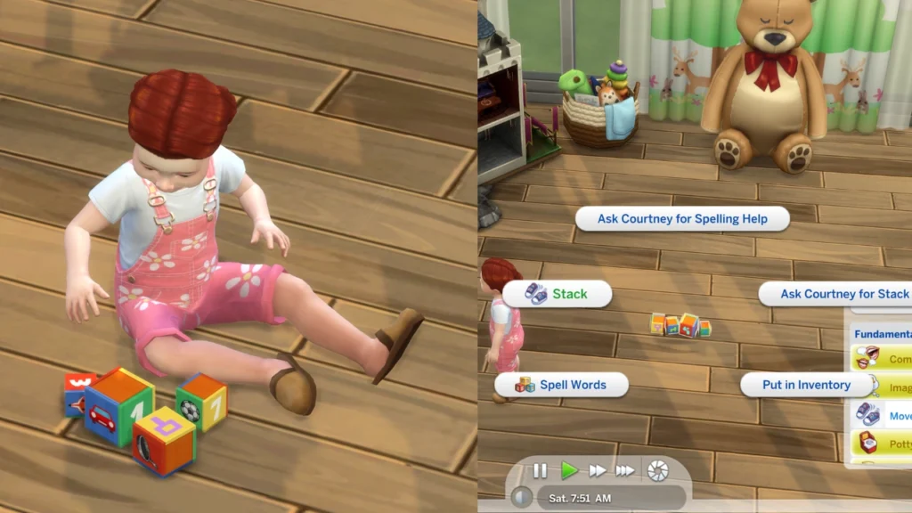 A set of two screenshots from the sims 4. the first is a toddler stacking blocks and the second is a toddler with the stack menu open for the movement skill 