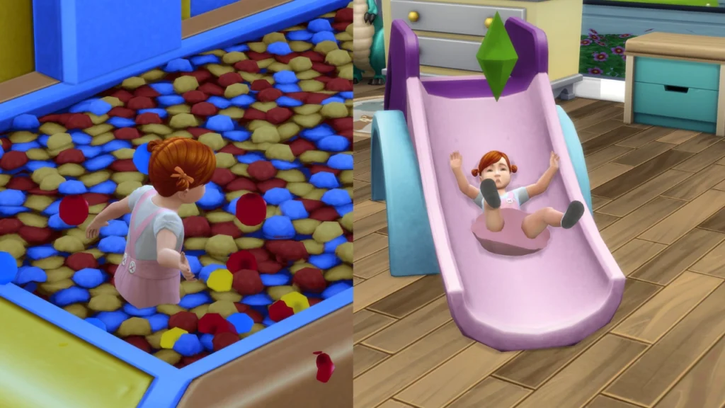 A set of two screenshots of a toddler playing, the first in a ball pit and the second on a slide 