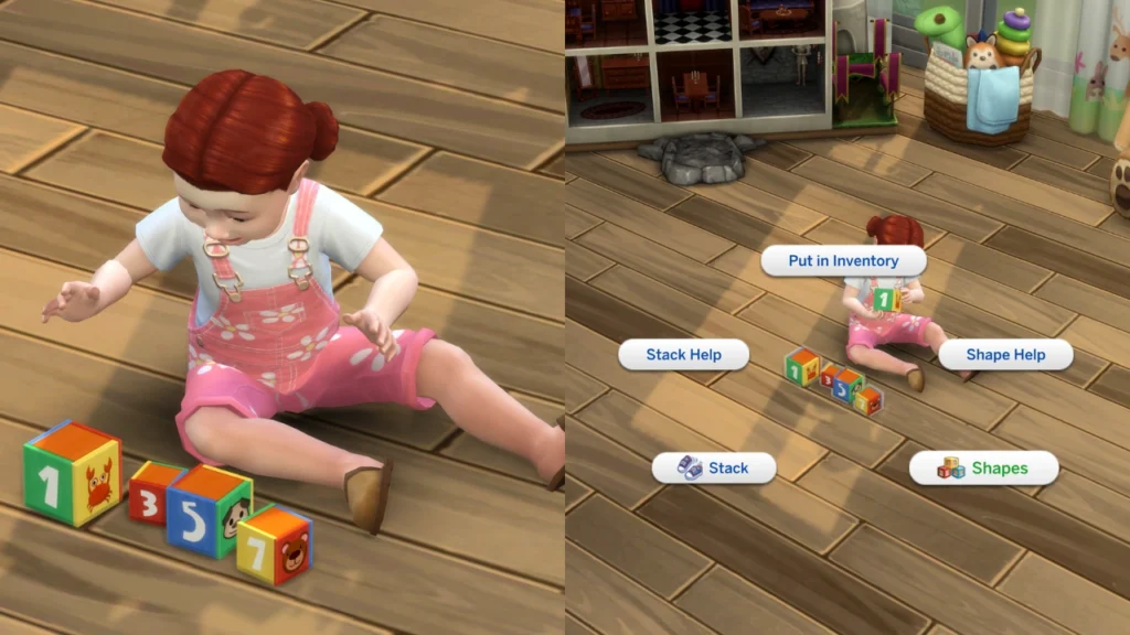 A set of two images with a toddler playing with blocks