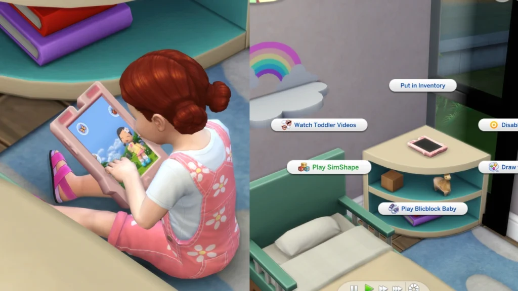 A set of two screenshots showing the menu for a toddler tablet with play sim shape highlighted and the other image is a toddler playing on the tablet