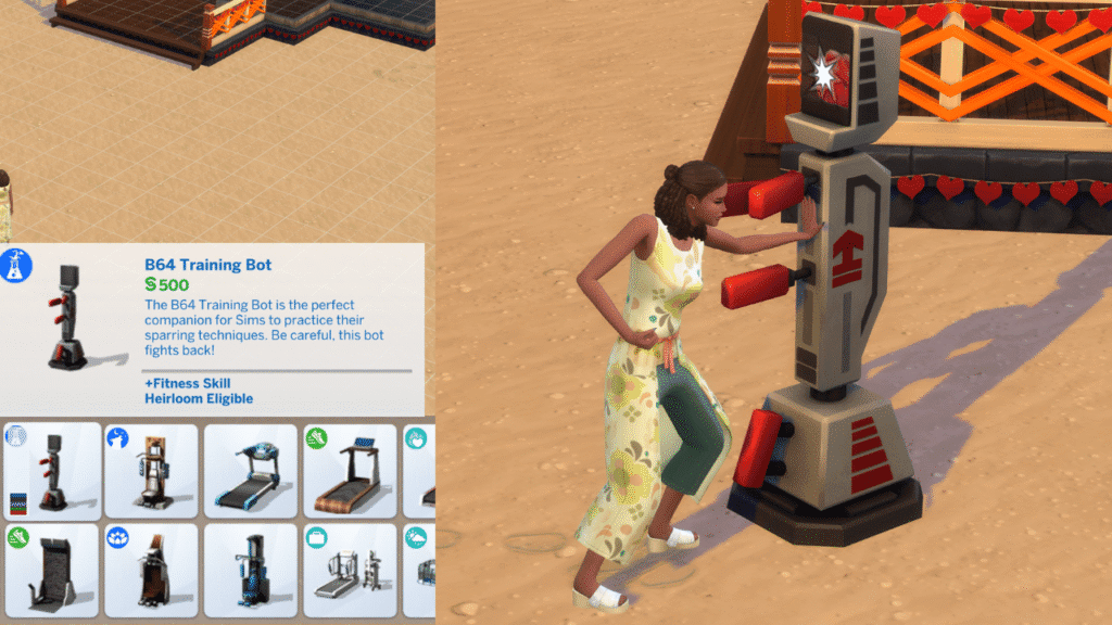 A screenshot from The Sims 4 showing the B64 training bot build mode listing and a sim fighting this bot 