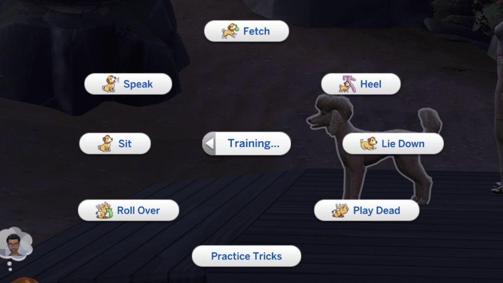A screenshot from The Sims 4 showing all the options for training dogs 