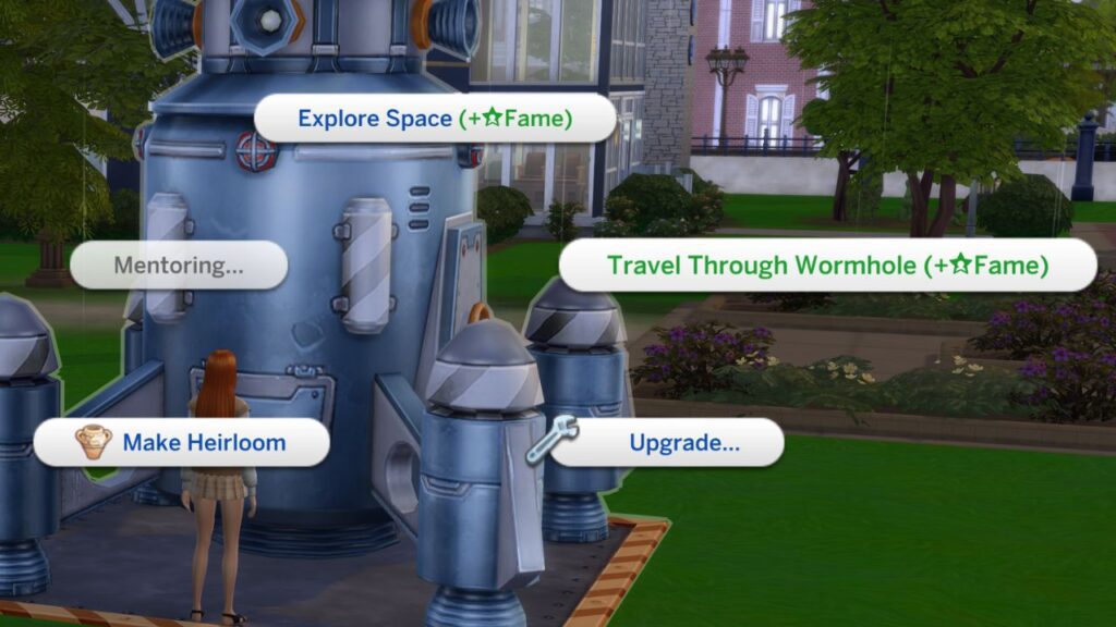 A screenshot from the sims 4 showing the option to travel through wormhole on a rocket ship 