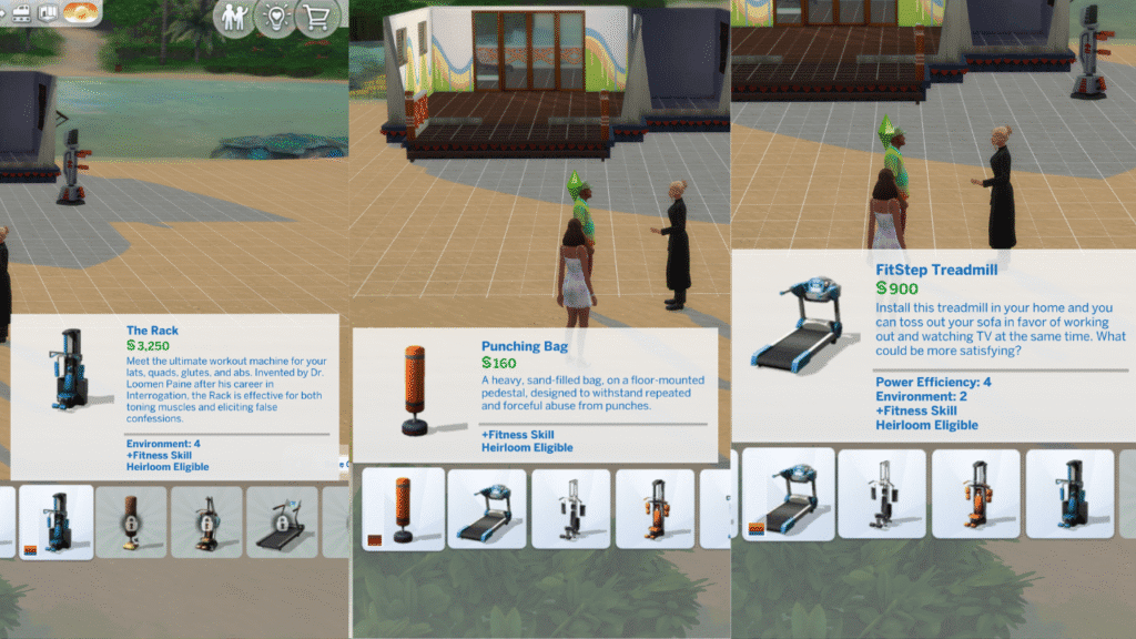 A screenshot from The Sims 4 of the three types of workout equipment you canpurchase