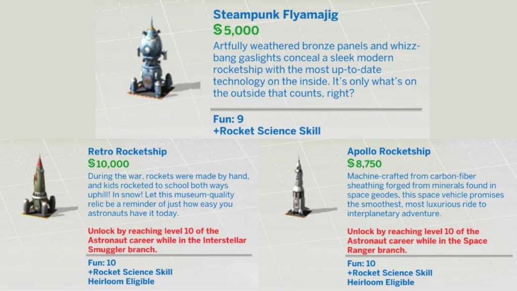 A screenshot from the sims 4 showing the different rocket ships your sims can get 