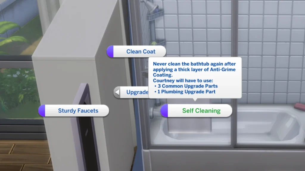 A screenshot from The Sims 4 showing the option to upgrade a bath tub