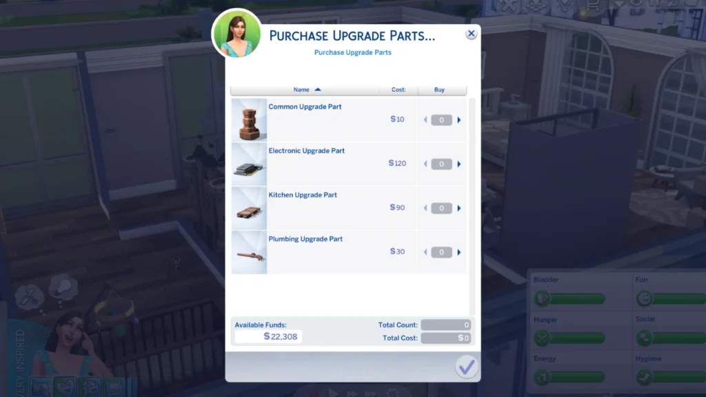 A screenshot from The Sims 4 showing the option to purchase upgrade parts