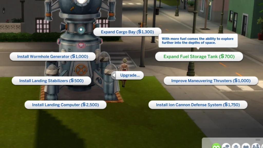 A screenshot from The Sims 4 showing the available upgrades for a rocket ship