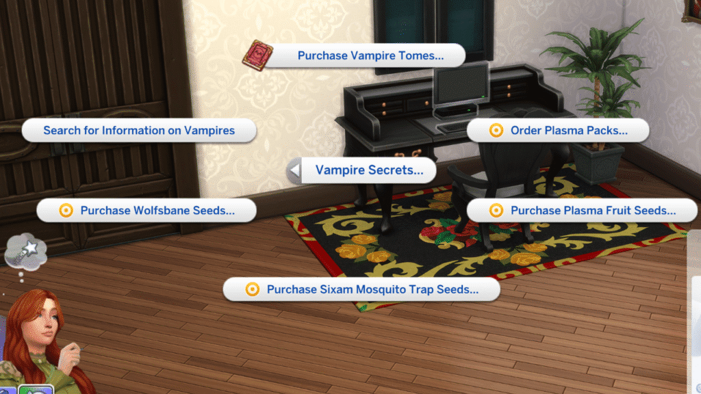 A screenshot from The Sims 4 showing the vampires menu for your sims to purchase vampire tomes on a computer