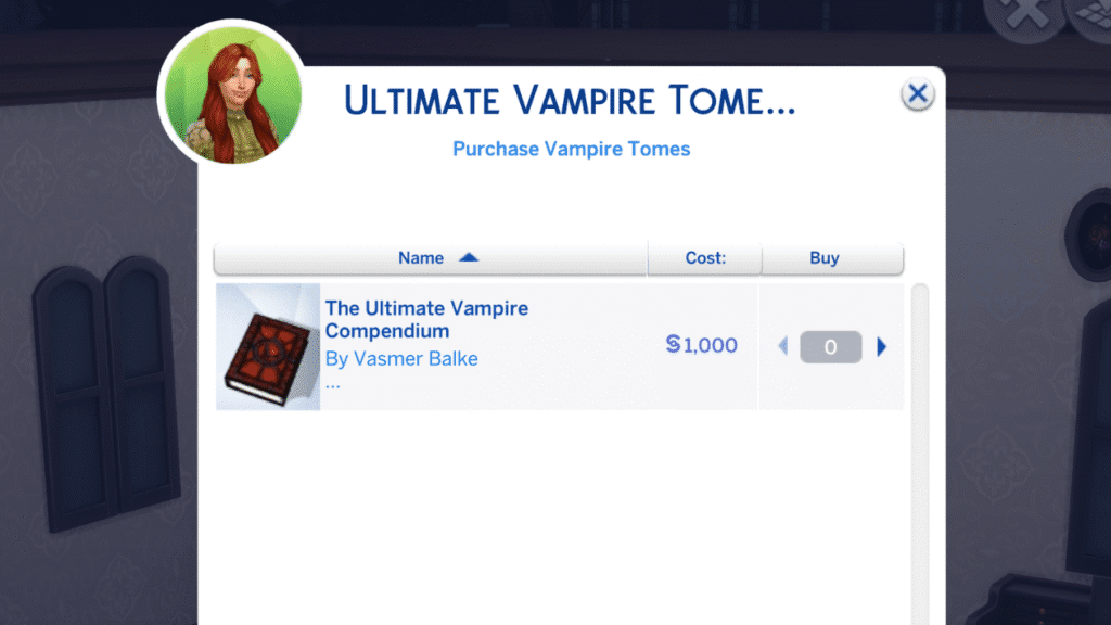 A screenshot from The Sims 4 showing the purchase page for the ultimate vampire tome 