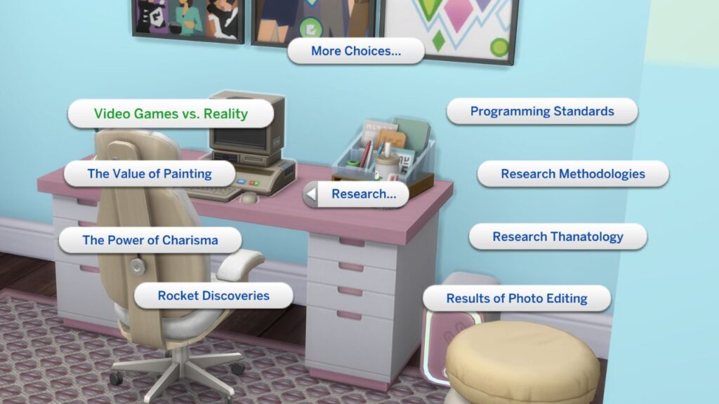 A screenshot from the sims 4 showing the option to research video games vs reality on the archive machine 