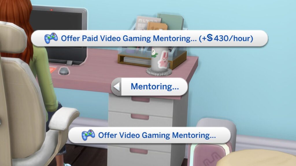 A screenshot from the sims 4 showing the options to mentor sims in video gaming 