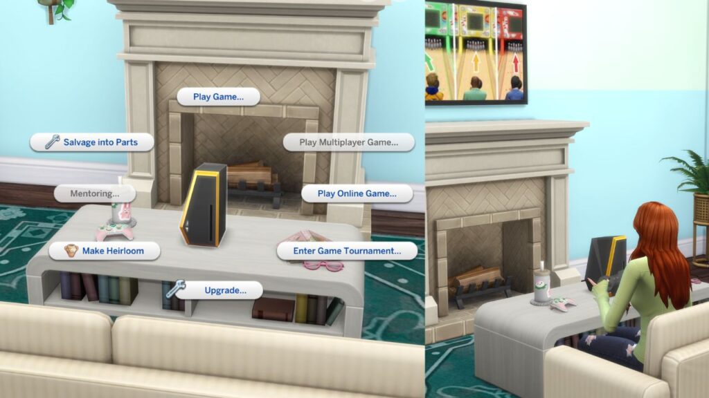 A screenshot from the sims 4 showing the option to play games on a console 