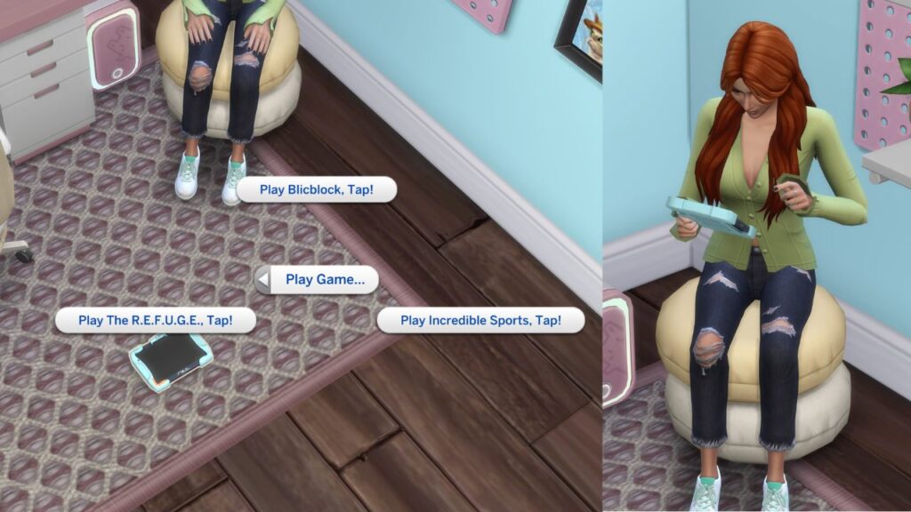A Screenshot from the sims 4 showing the options to play games on a tablet 