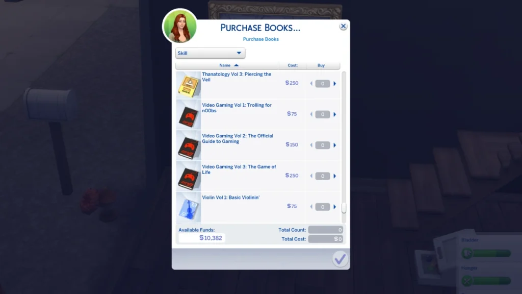 A screenshot from the sims 4 showing the video gaming skill books