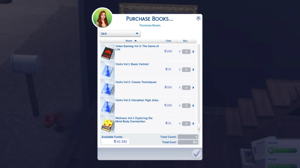 A screenshot from The Sims 4 showing the violin skill books