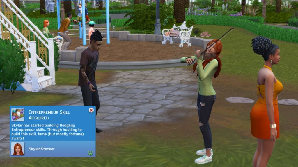 A screenshot from The Sim s 4 showing a sim playing violin for tips and earning the entrepreneur skill