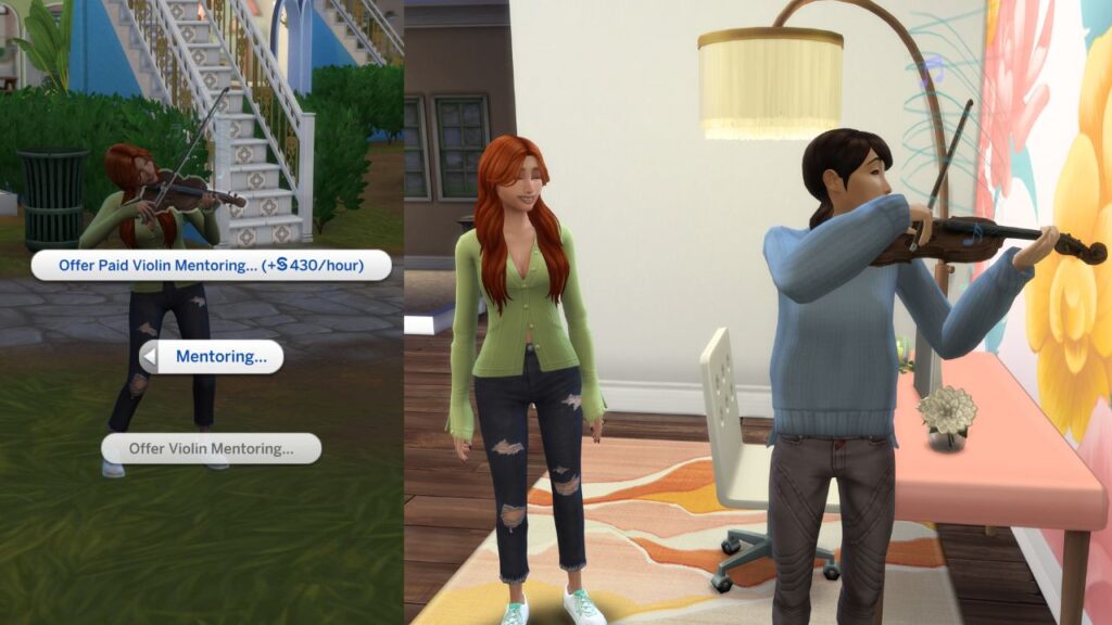 A set of two screenshots from The Sims 4 showing how you can mentor sims in violin